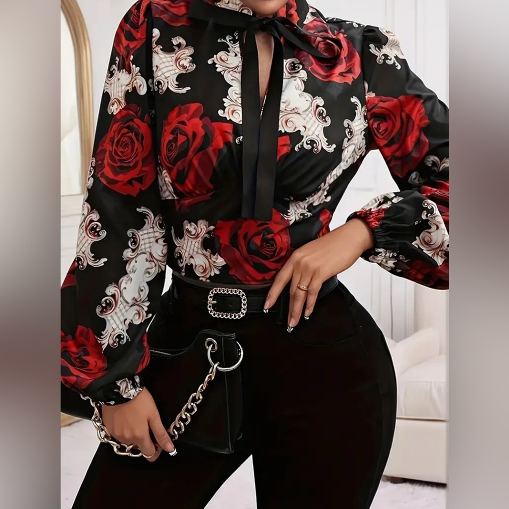 Baroque Rose Tie-Neck Blouse – Black & Red Vintage Floral